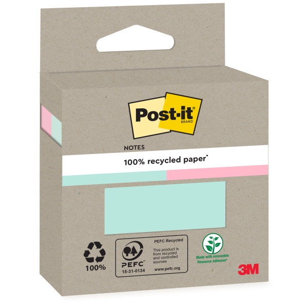 Confezione Post-It da 2 blocchi da 100 foglietti adesivi riciclati - Forma quadrata - Colori assortiti
