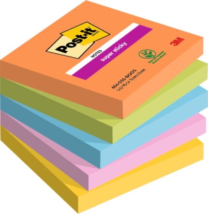 Post-It Super Sticky Confezione da 5 blocchi da 90 foglietti adesivi riposizionabili - Forma quadrata - 76x76 mm - Colori assortiti
