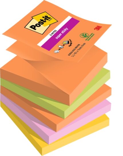 Post-It Super Sticky Confezione da 5 blocchi da 90 foglietti adesivi riposizionabili - Forma quadrata - 76x76 mm - a zig-zag - Colori assortiti