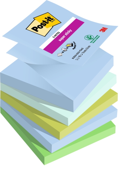 Post-It Super Sticky Confezione da 5 blocchi da 90 foglietti adesivi riposizionabili - Forma quadrata - 76x76 mm - a zig-zag - Colori assortiti