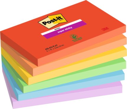 Post-It Super Sticky Confezione da 6 blocchi da 90 foglietti adesivi riposizionabili - Forma rettangolare - 127x76 mm - Colori assortiti