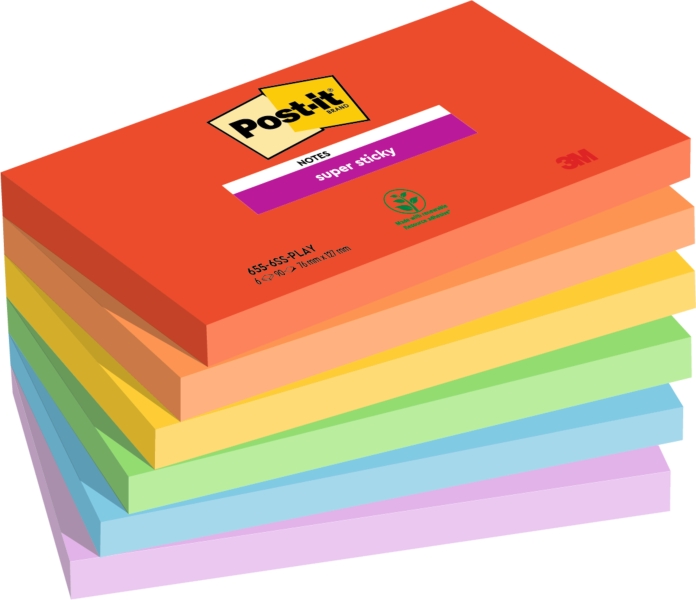 Post-It Super Sticky Confezione da 6 blocchi da 90 foglietti adesivi riposizionabili - Forma rettangolare - 127x76 mm - Colori assortiti