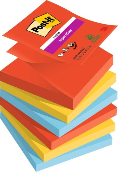 Post-It Super Sticky Confezione da 6 blocchi da 90 foglietti adesivi riposizionabili - Forma quadrata - 76x76 mm - a zig-zag - Colori assortiti