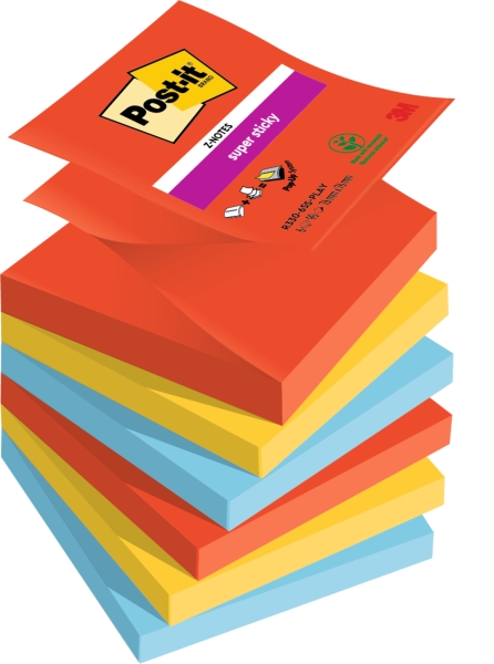 Post-It Super Sticky Confezione da 6 blocchi da 90 foglietti adesivi riposizionabili - Forma quadrata - 76x76 mm - a zig-zag - Colori assortiti