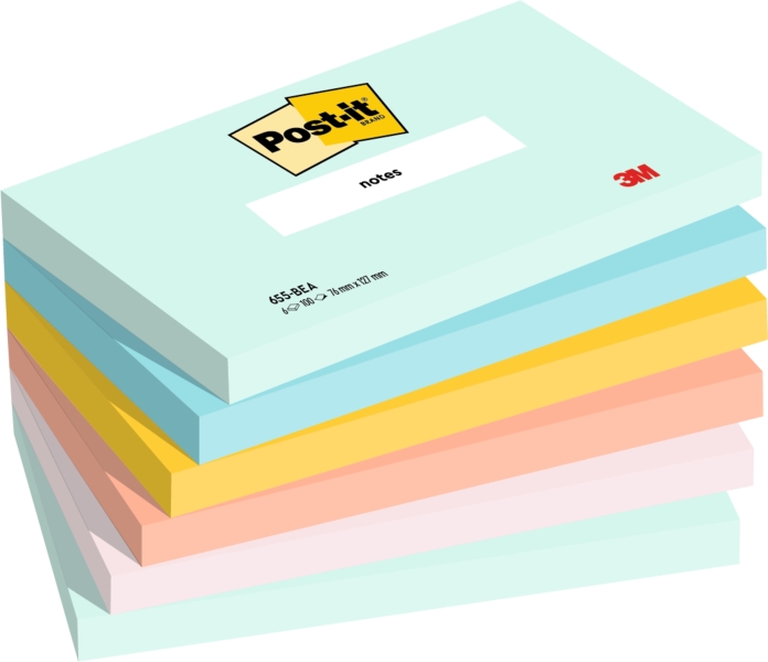 Post-It Confezione da 6 blocchi da 100 foglietti adesivi riposizionabili - Forma rettangolare - 76x127 mm - Colori assortiti
