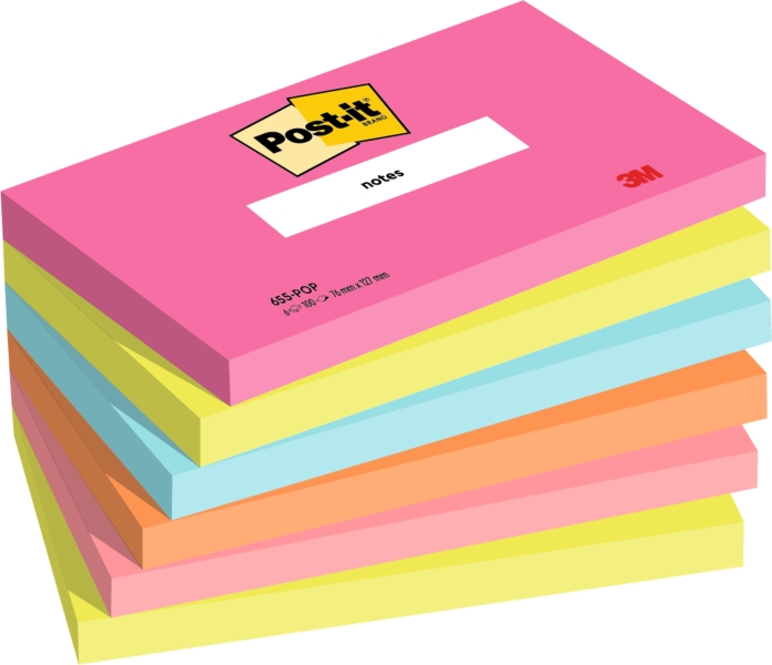 Post-It Confezione da 6 blocchi da 100 foglietti adesivi riposizionabili - Forma rettangolare - 127x76 mm - Colori assortiti