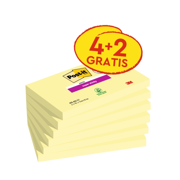 Post-It Super Sticky Confezione da 6 blocchi con 90 foglietti adesivi riposizionabili - 76x127 mm - Offerta 4 blocchi + 2 in omaggio - Colore giallo chiaro