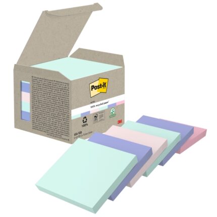 Confezione Post-It da 6 blocchi da 100 foglietti adesivi riciclati - Forma quadrata - 76x76 mm - Colori assortiti