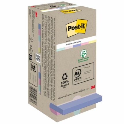 Post-It Confezione da 16 blocchi da 100 foglietti adesivi riciclati - Forma quadrata - 76x76 mm - Colori assortiti