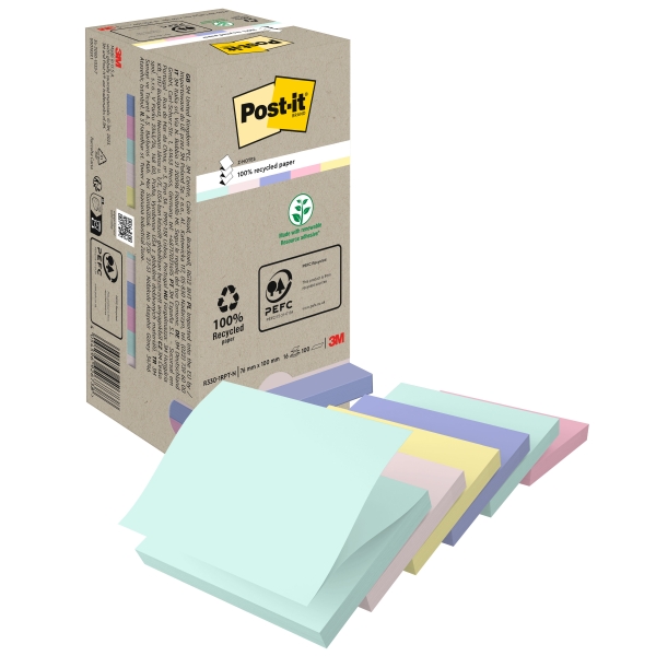 Confezione Post-It da 16 blocchi da 100 Z-Note adesive riciclate - Forma quadrata - 76x76 mm - Colori assortiti
