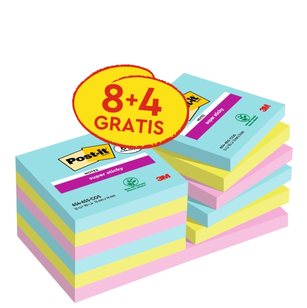 Post-It Super Sticky Confezione da 12 blocchi da 90 foglietti adesivi riposizionabili - Collezione Cosmic - 76x76 mm - + 4 in omaggio - Colori assortiti