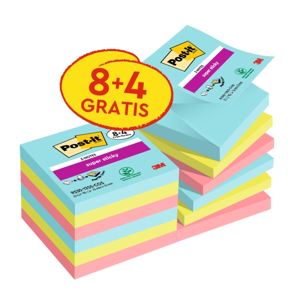 Post-It Super Sticky Confezione da 12 blocchi da 90 Z-Note adesive riposizionabili - Collezione Cosmic - 76x76 mm - Promozione 8 blocchi + 4 in omaggio - Colori assortiti