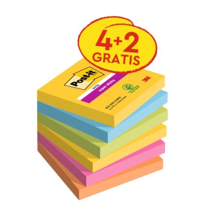 Post-It Super Sticky Confezione da 6 blocchi da 90 foglietti adesivi riposizionabili - Forma quadrata - 76x76 mm - Colori assortiti