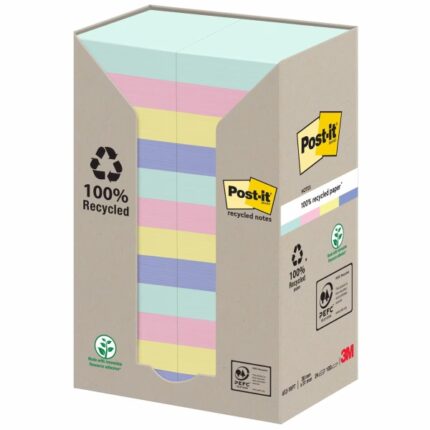 Confezione Post-It da 24 blocchi da 100 foglietti adesivi riciclati - Forma rettangolare - 51x51 mm - Colori assortiti