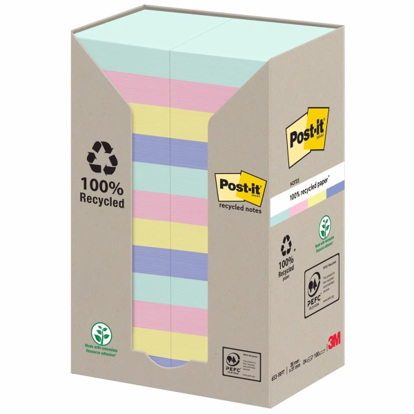 Confezione Post-It da 24 blocchi da 100 foglietti adesivi riciclati - Forma rettangolare - 51x51 mm - Colori assortiti