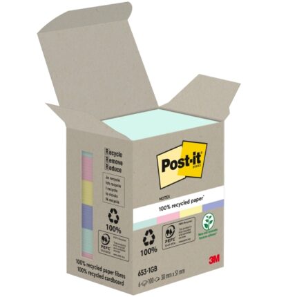 Confezione Post-It da 6 blocchi da 100 foglietti adesivi riciclati - Forma rettangolare - 51x51 mm - Colori assortiti