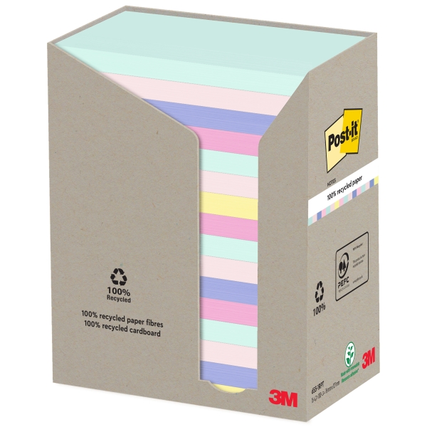 Confezione Post-It da 16 blocchi da 100 foglietti adesivi riciclati - Forma rettangolare - 127x76 mm - Colori assortiti