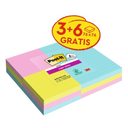 Post-It Super Sticky Confezione da 9 blocchi da 90 foglietti adesivi riposizionabili Collezione Cosmic - 3 blocchi a righe + 6 standard - Colori assortiti