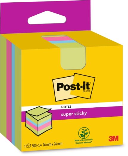 Post-It Super Sticky Cubo da 300 foglietti adesivi riposizionabili - 76x76 mm - 100% PEFC - Colori assortiti