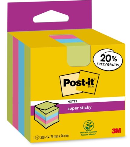 Post-It Super Sticky Cubo da 300 foglietti adesivi riposizionabili - 76x76 mm - 100% PEFC - Colori assortiti