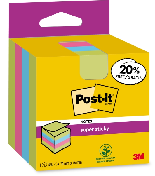 Post-It Super Sticky Cubo da 300 foglietti adesivi riposizionabili - 76x76 mm - 100% PEFC - Colori assortiti