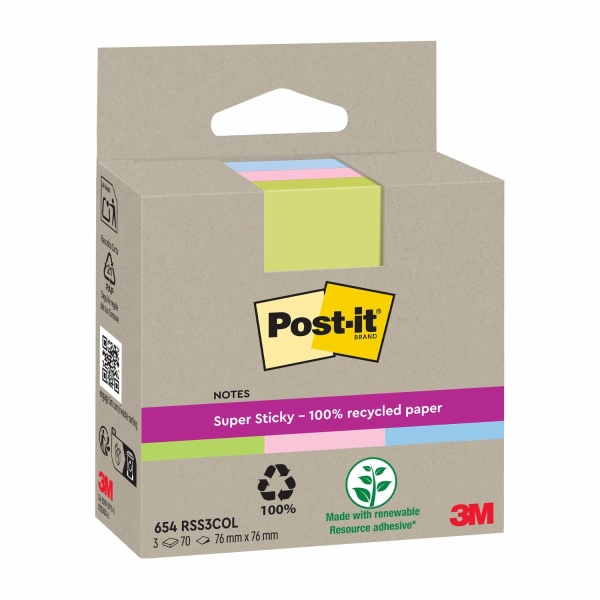 Post-It Super Sticky Confezione da 3 blocchi da 70 foglietti adesivi riciclati - Forma quadrata - 76x76 mm - Colori assortiti