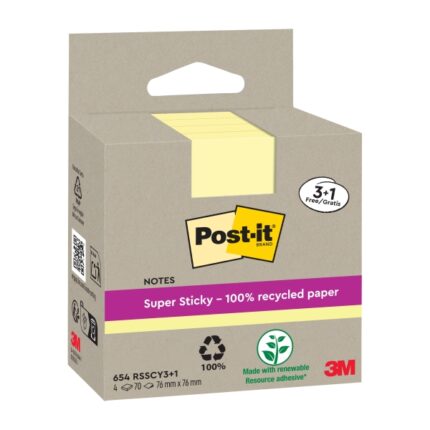 Post-It Super Sticky Confezione da 4 blocchi da 70 foglietti adesivi riciclati - Forma quadrata - 76x76 mm - Colore giallo chiaro
