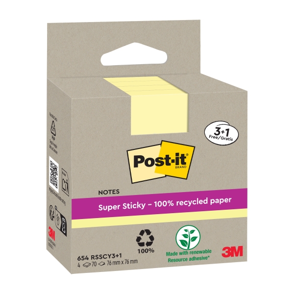 Post-It Super Sticky Confezione da 4 blocchi da 70 foglietti adesivi riciclati - Forma quadrata - 76x76 mm - Colore giallo chiaro