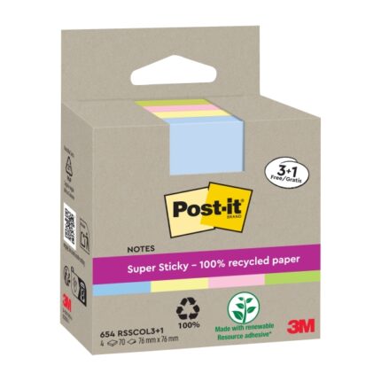 Post-It Super Sticky Confezione da 4 blocchi da 70 foglietti adesivi riciclati - Forma quadrata - 76x76 mm - Colori assortiti