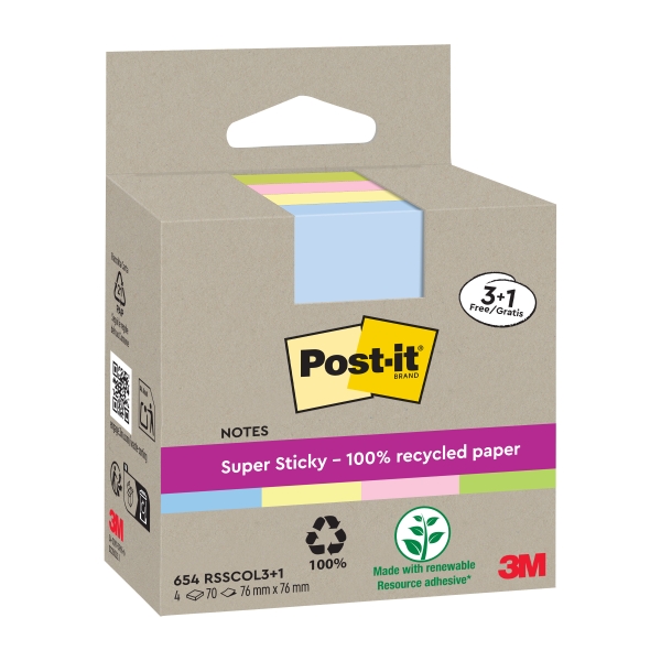 Post-It Super Sticky Confezione da 4 blocchi da 70 foglietti adesivi riciclati - Forma quadrata - 76x76 mm - Colori assortiti