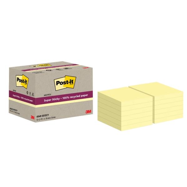 Post-It Super Sticky Confezione da 12 blocchi da 70 foglietti adesivi riciclati - Forma quadrata - 76x76 mm - Colore giallo chiaro
