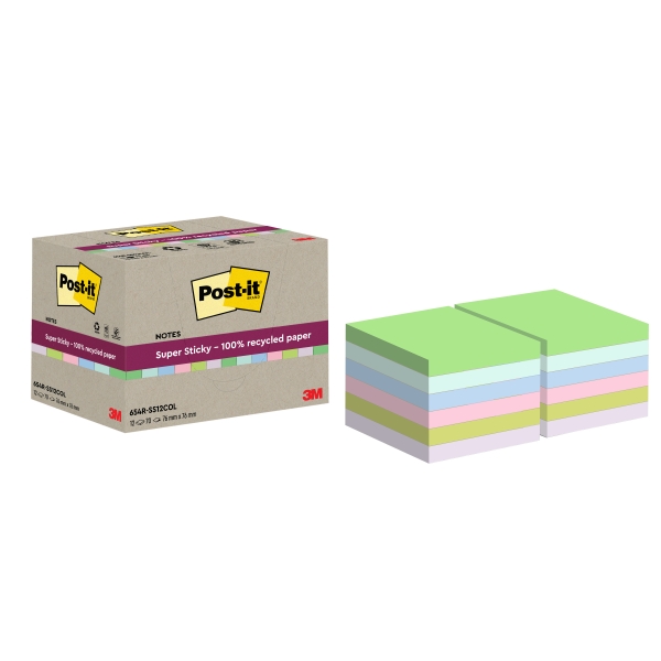 Post-It Super Sticky Confezione da 12 blocchi da 70 foglietti adesivi riciclati - Forma quadrata - 76x76 mm - Colori assortiti