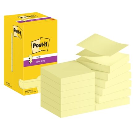 Post-It Super Sticky Confezione da 12 blocchi da 90 foglietti adesivi riposizionabili a zig-zag 76x76 mm - Forma quadrata - Colore giallo chiaro