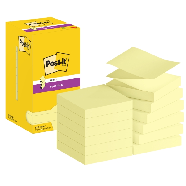 Post-It Super Sticky Confezione da 12 blocchi da 90 foglietti adesivi riposizionabili a zig-zag 76x76 mm - Forma quadrata - Colore giallo chiaro