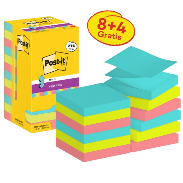 Post-It Super Sticky Confezione da 12 blocchi da 90 foglietti adesivi riposizionabili - Forma quadrata - 76x76 mm - a zig-zag - Colori assortiti Post-It Super Sticky Confezione da 12 blocchi da 90 foglietti adesivi riposizionabili - Forma quadrata - 76x76 mm - a zig-zag - Colori assortiti