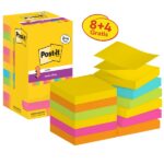 Post-It Super Sticky Confezione da 12 blocchi da 90 foglietti adesivi riposizionabili - Forma quadrata - 76x76 mm - a zig-zag - Colori assortiti