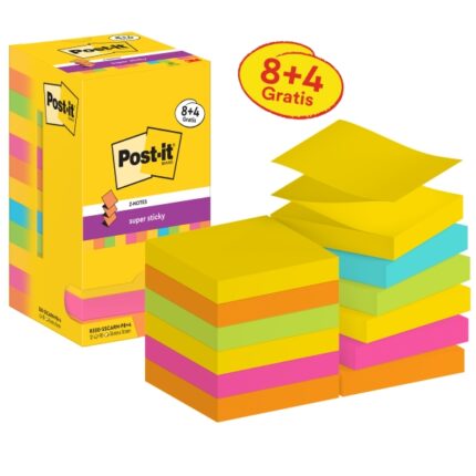 Post-It Super Sticky Confezione da 12 blocchi da 90 foglietti adesivi riposizionabili - Forma quadrata - 76x76 mm - a zig-zag - Colori assortiti