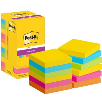 Post-It Super Sticky Confezione da 12 blocchi da 90 foglietti adesivi riposizionabili - Forma quadrata - 76x76 mm - Colori assortiti