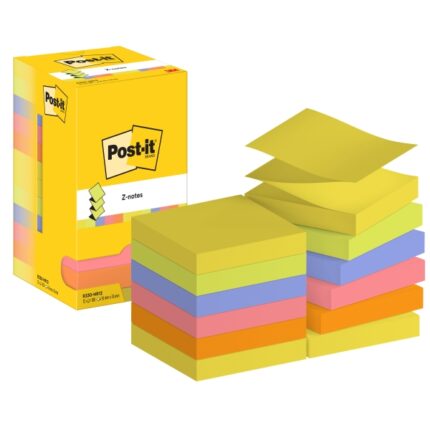 Post-It Confezione da 12 blocchi da 100 Z-Note adesive riposizionabili - Forma quadrata - 76x76 mm - Colori assortiti
