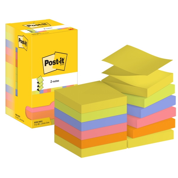 Post-It Confezione da 12 blocchi da 100 Z-Note adesive riposizionabili - Forma quadrata - 76x76 mm - Colori assortiti