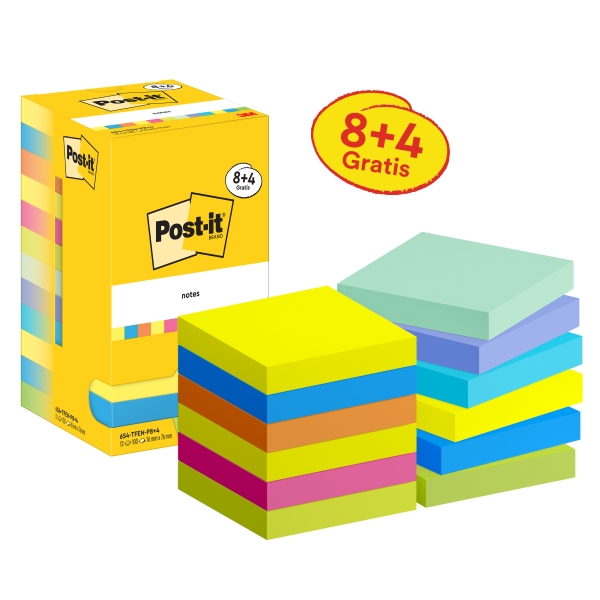 Post-It Confezione da 12 blocchi da 90 foglietti adesivi riposizionabili - Forma quadrata - 76x76 mm - Colori assortiti