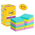 Post-It Super Sticky Confezione da 12 blocchi da 90 foglietti adesivi riposizionabili - Forma quadrata - 76x76 mm - Colori assortiti