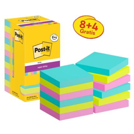Post-It Super Sticky Confezione da 12 blocchi da 90 foglietti adesivi riposizionabili - Forma quadrata - 76x76 mm - Colori assortiti