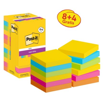 Post-It Super Sticky Confezione da 12 blocchi da 90 foglietti adesivi riposizionabili - Forma quadrata - 76x76 mm - Colori assortiti
