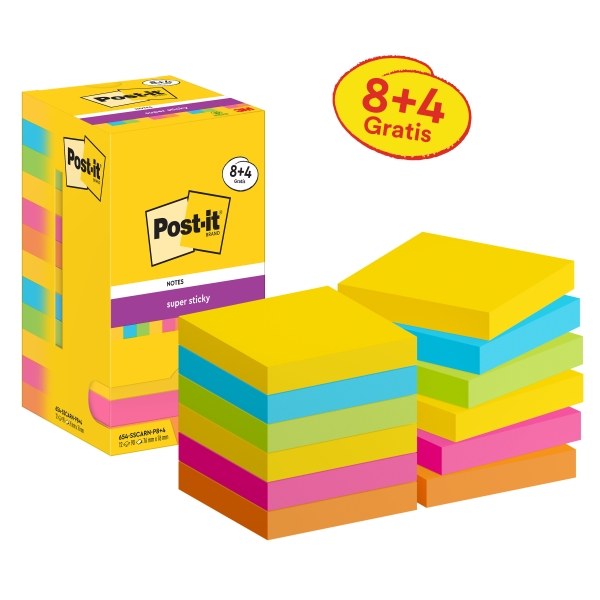 Post-It Super Sticky Confezione da 12 blocchi da 90 foglietti adesivi riposizionabili - Forma quadrata - 76x76 mm - Colori assortiti Post-It Super Sticky Confezione da 12 blocchi da 90 foglietti adesivi riposizionabili - Forma quadrata - 76x76 mm - Colori assortiti