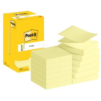 Post-It Confezione da 12 blocchi da 100 Z-Note adesive riposizionabili 76x76 mm - Forma quadrata - Scatola dispenser - Colore giallo chiaro