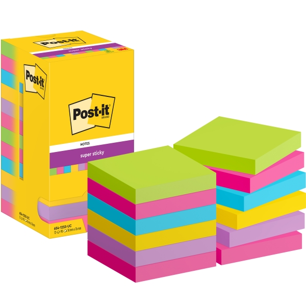 Post-It Super Sticky Confezione da 12 blocchi da 90 foglietti adesivi riposizionabili - Forma quadrata - 76x76 mm - Colori assortiti Post-It Super Sticky Confezione da 12 blocchi da 90 foglietti adesivi riposizionabili - Forma quadrata - 76x76 mm - Colori assortiti