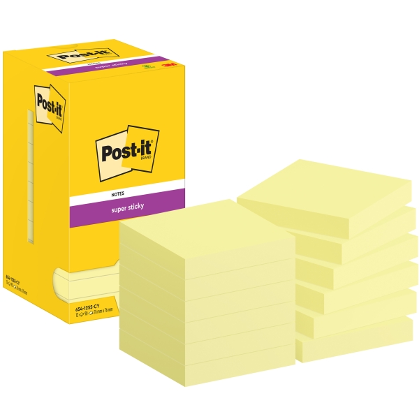 Post-It Super Sticky Confezione da 12 blocchi da 90 foglietti adesivi riposizionabili - 76x76 mm - Confezione in cartone - Colore giallo chiaro Post-It Super Sticky Confezione da 12 blocchi da 90 foglietti adesivi riposizionabili - 76x76 mm - Confezione in cartone - Colore giallo chiaro