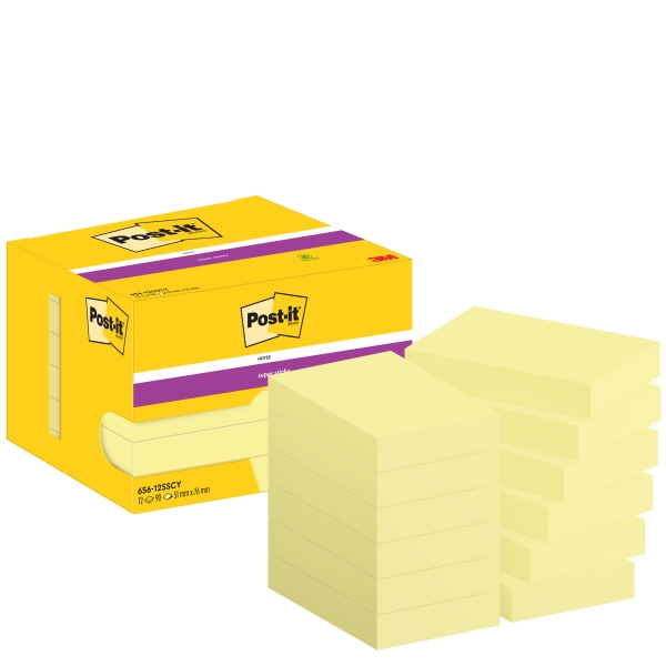 Post-It Super Sticky Confezione da 12 blocchi da 90 foglietti adesivi riposizionabili - 51x76 mm - Confezione in cartone - 100% PEFC - Colore giallo chiaro