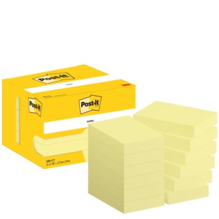 Confezione Post-It da 12 blocchi da 100 foglietti adesivi riposizionabili - Forma rettangolare - 51x76 mm - Colore giallo chiaro